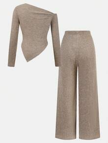 Firerie Kids Firerie Kids 两件套少女休闲针织不对称领T恤和阔腿裤套装，适合秋冬季日常休闲穿着 - 卡其色 - 查看 2