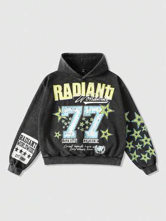 Street Life Men's Vintage Washed No.77 Short Hoodie, Streetwear Style, Long Sleeve Top