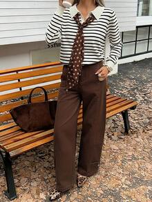 DAZY Striped Polo Neck Long Sleeve Casual & Formal Knit Top For Women, Autumn/Winter - White - View 3