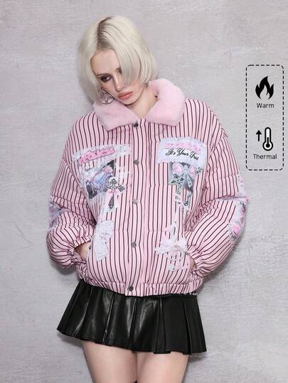 ROMWE Avant Women's Retro Cute Kawaii Aesthetic Ribbon Bow Heart Wing Print Plush Patchwork Padded Coat, Versatile