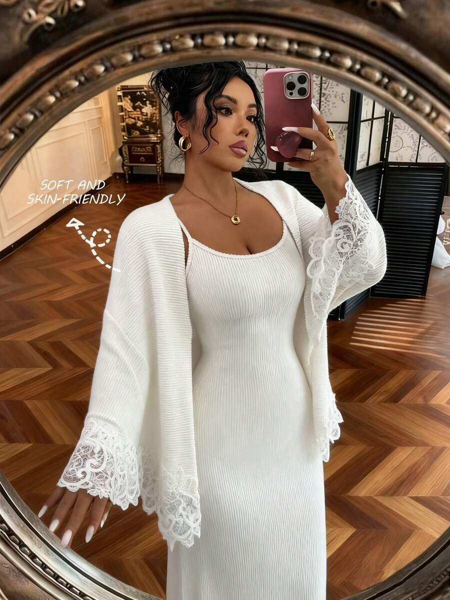 Elenzga French Style Elegant Cardigan & Slip Dress 2 Pieces Set Women's Christmas Party Dress 2 Pieces Set Women's Christmas Sweater & White Dress 2 Pieces Set - Apricot - View 1