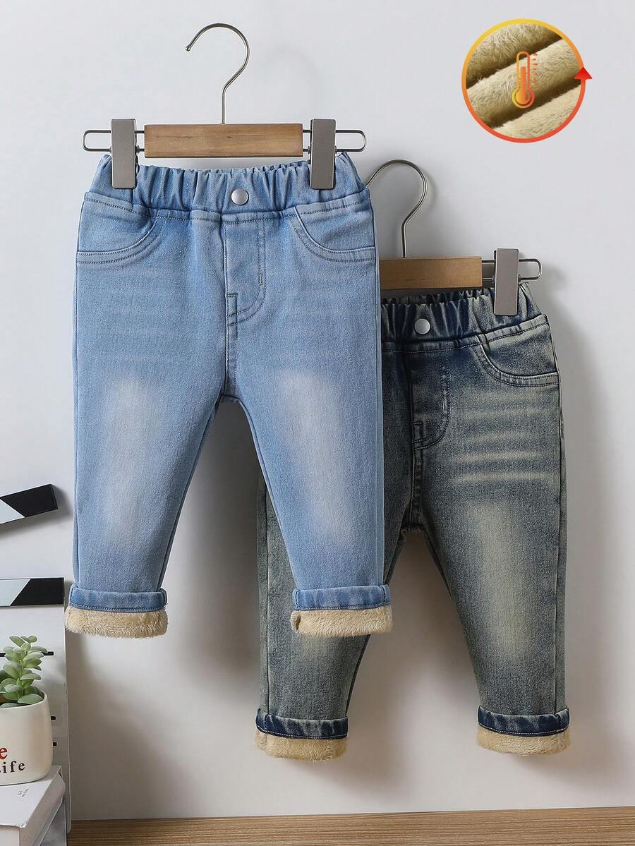 SHEIN Playful Pals 2件套女婴休闲弹力保暖牛仔裤,舒适百搭,秋冬季保暖 - 彩色 - 查看 1