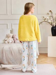 SHEIN Soft & Cozy Heart Flower Embroidered Girls Plush Pajamas - Yellow - View 3