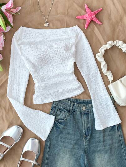 Camiseta ajustada de manga acampanada y hombros descubiertos de unicolor con jacquard para adolescentes