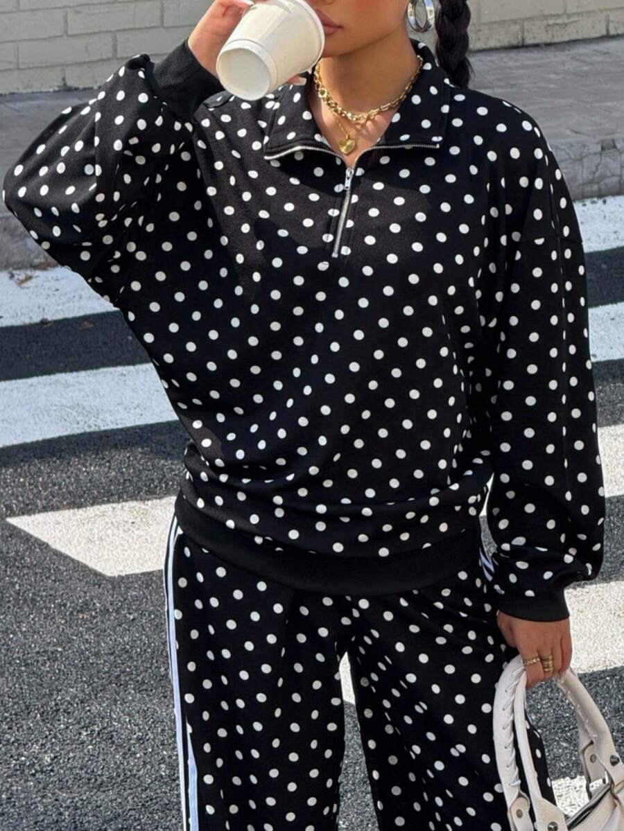 Muchica Black Christmas New Year Thanksgiving Black Polka Dot Half-Zip Long Sleeve Loose Casual Fashion Sweatshirt - Black - View 1