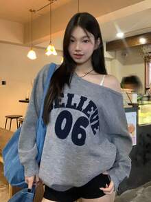 DAZY 女士韩版字母艺术长袖毛衣，秋冬 - 灰色 - 查看 1