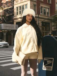 MUSERA Snake Faux Leather Oversized Button Through Shirt Jacket Cool Girl, Streetstyle, Cute, , , Winter - Light Yellow - View 1