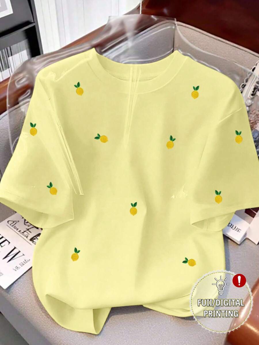 Resyla Plus Size Women Casual Lemon Print T-Shirt, Faux Embroidery Lemon Pattern Round Neck Digital Printing All-Over Graphic Tee - Multicolor - View 1