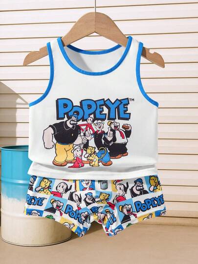 Popeye X SHEIN 2pcs Young Boy Grey & White Contrast Trim Cute Cartoon Print Tank Top And Shorts Underwear Set,Soft & Comfortable,Suitable For Everyday Wear,  Boys Tank Top Set Kids Tank Top Outfits