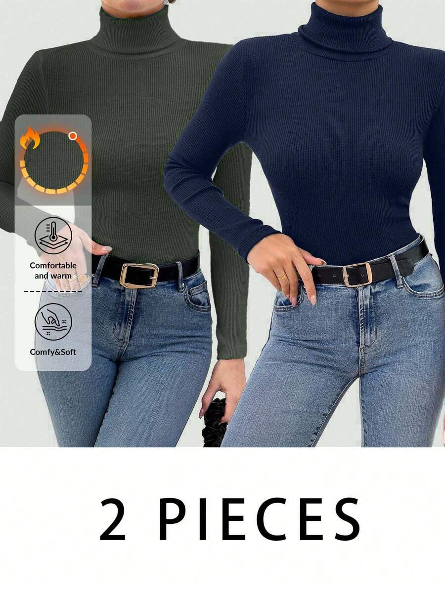 2 pezzi Maglione a collo alto semplice e minimalista da donna, maniche lunghe, set per uso quotidiano