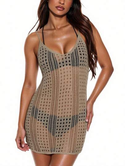 Breezaya Vestido de cubierta de unicolor con diseño calado, sexy para vacaciones