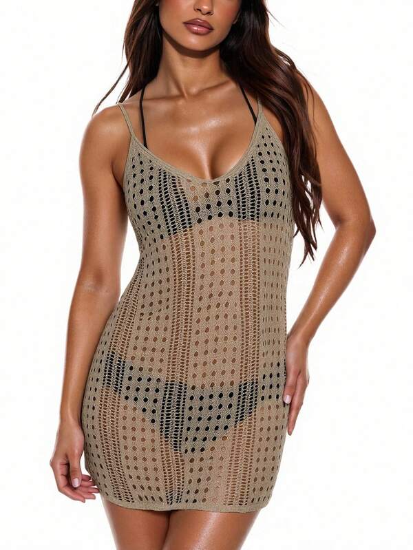 Breezaya Vestido de cubierta de unicolor con diseño calado, sexy para vacaciones