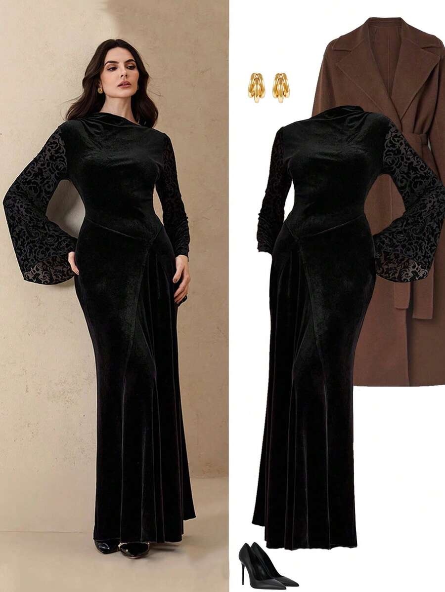Graceveil Elegant,Formal,Black,Autumn Velvet Pleated Patchwork Burnout Lantern Sleeve Cinched Waist Dress For Festival Birthday Wedding Party Dining Evening - Black - View 1