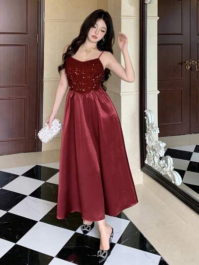 DAZY Elegant Sequin Patchwork Pleated Spaghetti Strap High Slit Midi Dress For Women