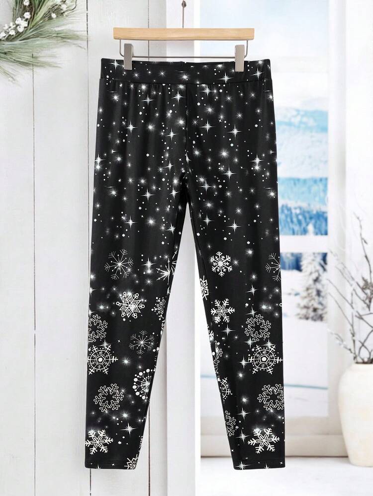 プラスサイズ スノーフレーク柄 サーマルライニングレギンス、秋冬カジュアル