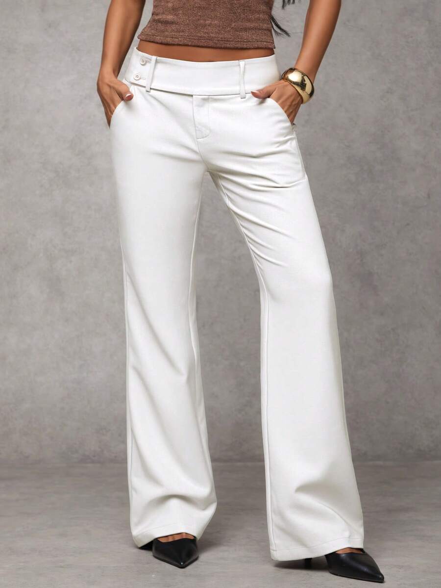 SHEIN BAE Women's Solid Color Pocket Flare Casual Pants,White Pant,Fall,Fall Clothes For Women - White - View 1