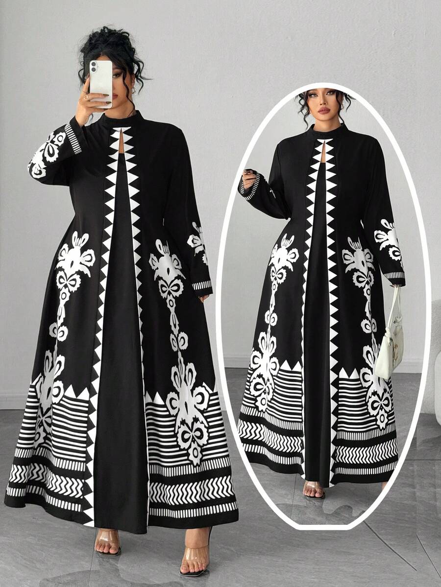 Elenzga Váy Maxi Dài Ôm Dáng Họa Tiết Hoa Cổ Điển Cỡ Lớn, Váy Maxi In Hình Hình Học Thanh Lịch Cỡ Lớn, Phù Hợp Cho Nữ Mặc Đi Làm Vào Mùa Thu - màu đen - Xem 1