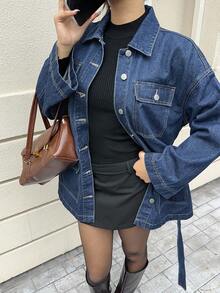 Siren Gaze Áo khoác denim cài nút thường ngày cho nữ, nhiều túi, dáng trễ vai - Rửa trung bình - Xem 6