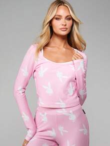 Missguided x Playboy Bunny Print Two Piece Set Long Sleeve Crop Top High Waisted Leggings Lounge Outfit Spring - Pink - View 3