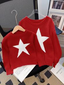 Tween Girl Star Pattern Round Neck Drop Shoulder Sweater, Sibling - Red - View 2