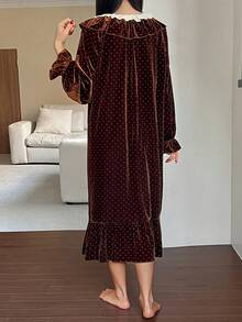 DAZY Women's Long Velvet Polka Dot Pattern Ruffle Hem Bathrobe, Winter - Coffee Brown - View 2
