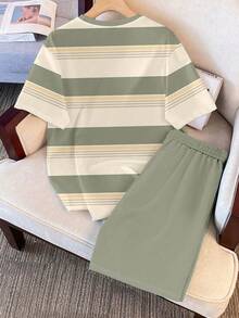 Claim Dot 2pcs Men's Casual Striped T-Shirt & Shorts Set, Funny Cat Design, Suitable For Summer, Cozy Outfits - Multicolor - View 2