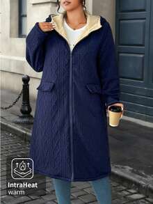 EMERY ROSE Plus Size Mid-Length Hooded Long Sleeve Padded Coat - Navy Blue - View 4