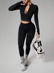 Dewbera Dewbera Seamless Sports Jacket! Skin-Tight With No Sense Of Existence, Won't Feel Stuffy Even When Sweating Ribbed Workout Set - Black - View 1