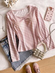 Girls Casual Loose Fit Striped Polo T-Shirt, Comfortable And Versatile