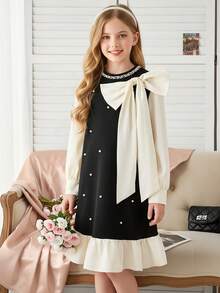 SHEIN Spring/Autumn New Design Bow Decor Fashionable Casual Everyday Dress For Girls - Multicolor - View 3