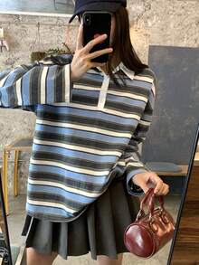 DAZY Camiseta casual de manga larga con bloques de color y rayas, estilo holgado para mujer, primavera/verano - Gris - Ver 5