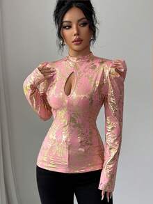 Elenzga 25+ 款女士金属亮片粉色针织立领镂空泡泡袖修身豹纹衬衫，优雅派对上衣，女士冬季 - 粉色 - 查看 6