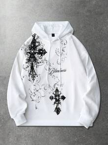 ROMWE MEN Men's Casual Gothic Cross Print Hoodie Sweatshirt, Autumn - White - View 1
