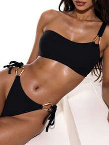 SHEIN Swim 2 件套女士比基尼，海滩度假夏季 - 黑色 - 查看 4