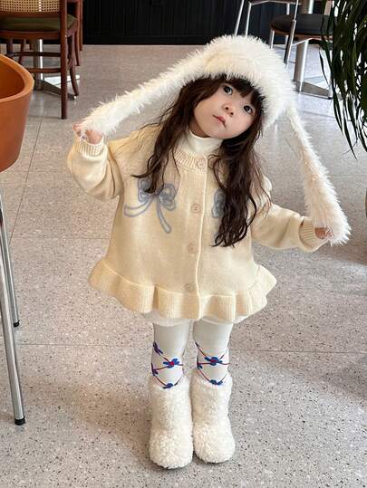 DAZY 女婴/幼儿圆领蝴蝶结撞色刺绣长袖荷叶边开衫