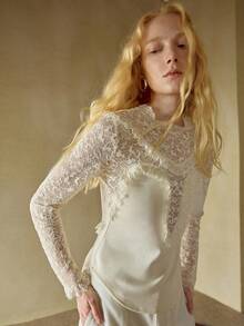 MOTF STUDIO WOMEN CONTRAST LACE LONG SLEEVE SLIM FIT TOP, AUTUMN/WINTER - Beige - View 5