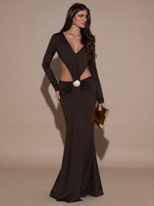 SHEIN BAE 女士优雅性感纯色露背连衣裙 - 棕色 - 查看 4