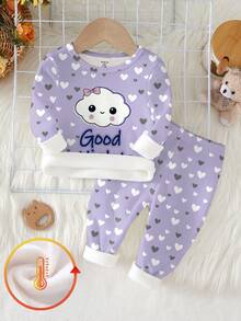 Infant & Baby GirlPurple, White & Gray Heart Print Sweatshirt With Cute Cloud & "Good Night" Letter Graphic, Thick Knit Stretchy Fabric Long Sleeve Top And Leggings 2 Pieces Pajama Set Baby Pajama Set Toddler Sleepwear Baby Girl Warm Sets Pijama Cotton Girl  Snug Fit Tight Fit Pajamas - Mauve Purple - View 1