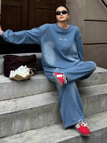 Dazy Plus 2pcs Plus Size Women Light Wash Blue Letter Embroidery Loose Long Sleeve Top And Pants Denim Set, Spring/Autumn - Light Wash - View 7