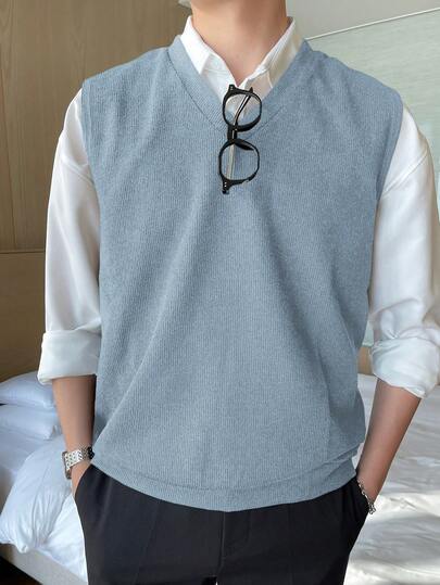 DAZY 男士纯色雾霾蓝V领针织背心，秋季