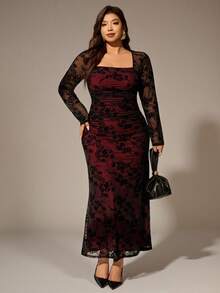 Auralis 女士秋冬新款天鹅绒提花镂空网眼浪漫约会度假长袖蕾丝长裙/褶饰紧身修身喇叭裙大码连衣裙/黑红深色优雅礼服 - 彩色 - 查看 2