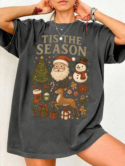 SHEIN CURVE+ Camiseta Casual de Ombro Caído com Gráfico de Papai Noel e Boneco de Neve para Mulheres Plus Size