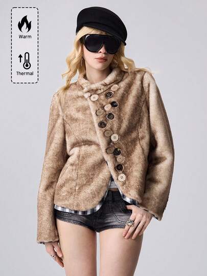 ROMWE Avant Women's Asymmetrical Button Design Long Sleeve Loose Faux Fur Jacket, Winter