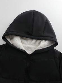 SHEIN Tall CURVE 冬季加大码长款纯色保暖内衬棉夹克 - 黑色 - 查看 7