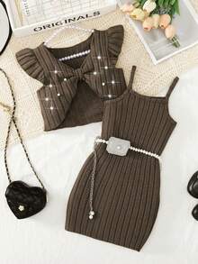 Elladie kids 女孩情人节新款优雅针织连衣裙套装，蕾丝无袖背心上衣+吊带迷你连衣裙，两件套春季装 - 咖啡棕 - 查看 1