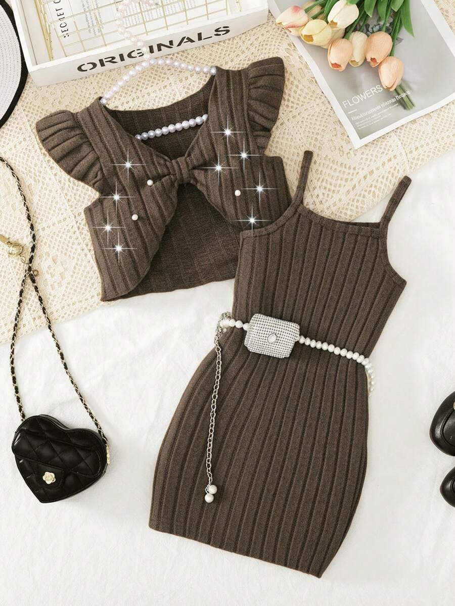 Elladie kids 女孩情人节新款优雅针织连衣裙套装，蕾丝无袖背心上衣+吊带迷你连衣裙，两件套春季装 - 咖啡棕 - 查看 1