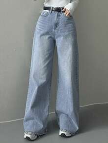 DAZY 女式低腰阔腿牛仔裤，修身直筒宽松休闲全长牛仔裤，秋冬 - 藍色 - 查看 7