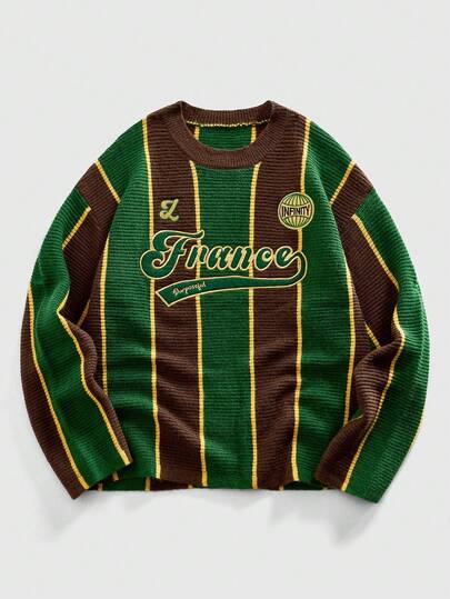 كنزة صوفية محبوكة بياقة مستديرة مستوحاة من كرة القدم، موضة الشارع