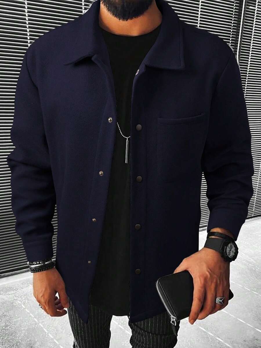 Manfinity Homme 男士长袖休闲纯色夹克，秋冬季百搭单品 - 藏蓝色 - 查看 1