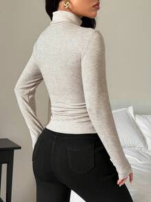 SHEIN PETITE Women's Thick High Neck Thermal Undershirt,Beige Autumn Chic Office Long Sleeve Turtle Neck Mock Neck Top,Versatile Casual Tight Fit Thermal Lining ,Petite Women - Apricot - View 2